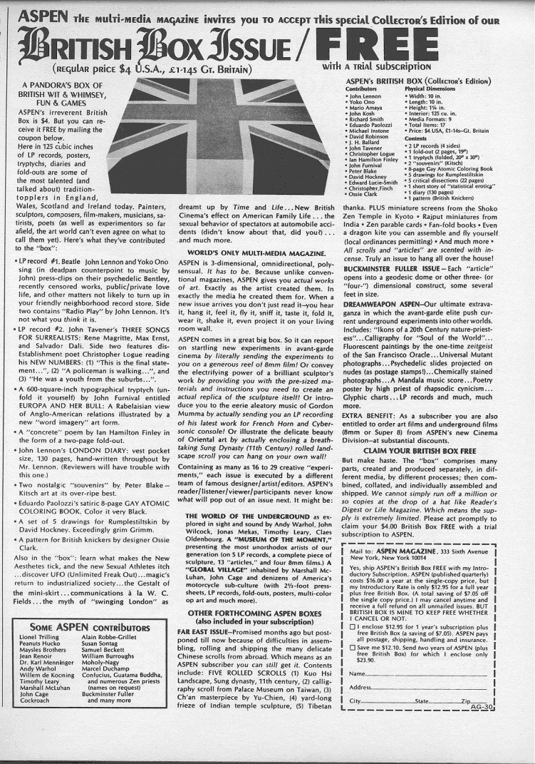 Advertisement appearing 
in March 1970 issue 
of 'Avant Garde' magazine